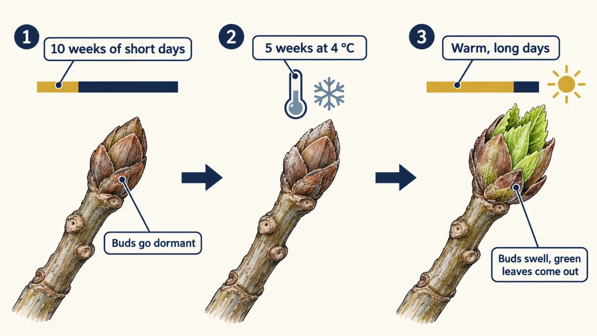 AI-generated illustration: three steps with an aspen twig tip. First, short days and a closed, dormant bud. Second, cold, and the bud stays closed. Third, warm, long days, and the bud swells and opens with small green leaves.