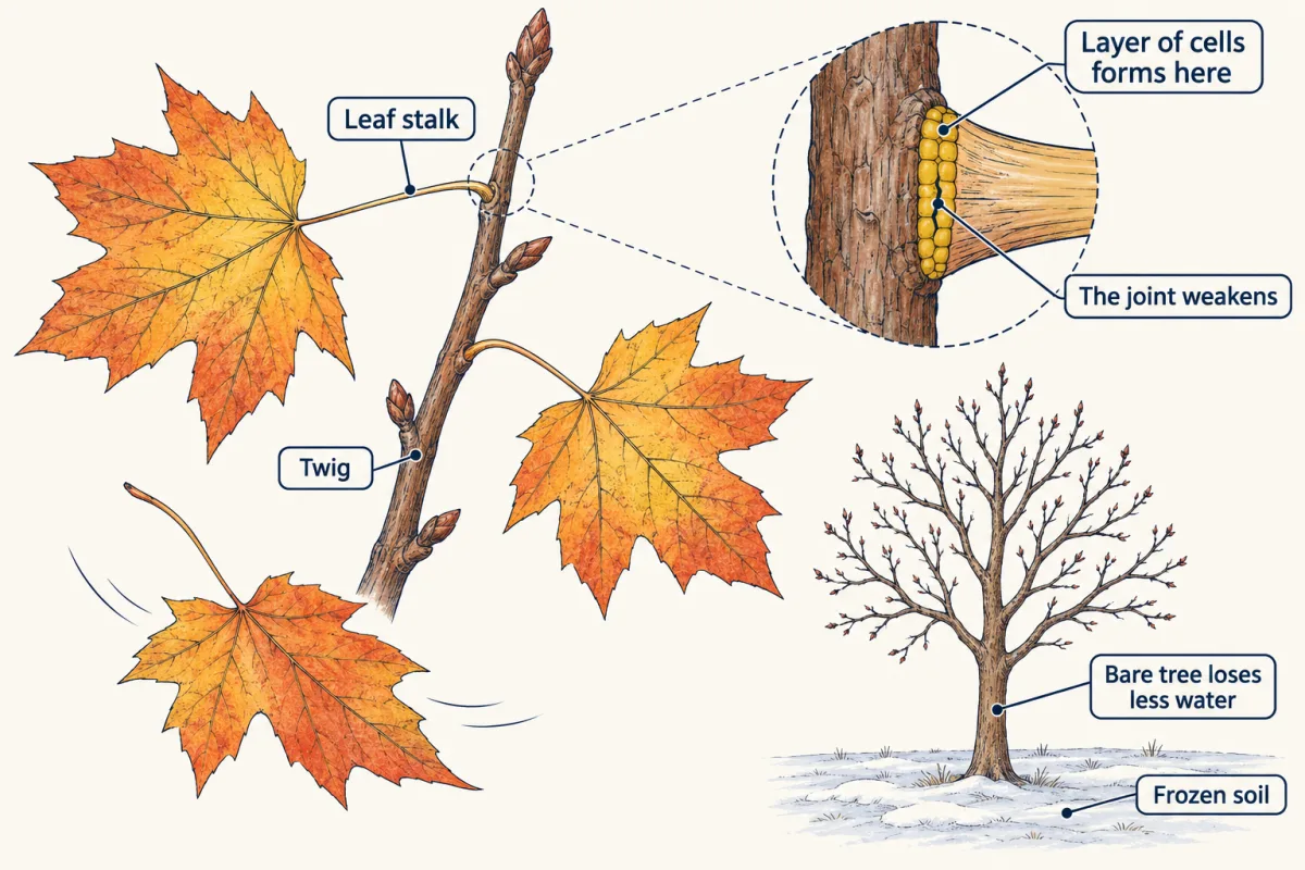 AI-generated illustration: a maple twig in fall with turning leaves, one falling. A zoomed view shows a thin band of cells across the base of a leaf stalk where it joins the twig, with a crack starting along it. A small view shows the same kind of tree bare in winter on frozen ground.
