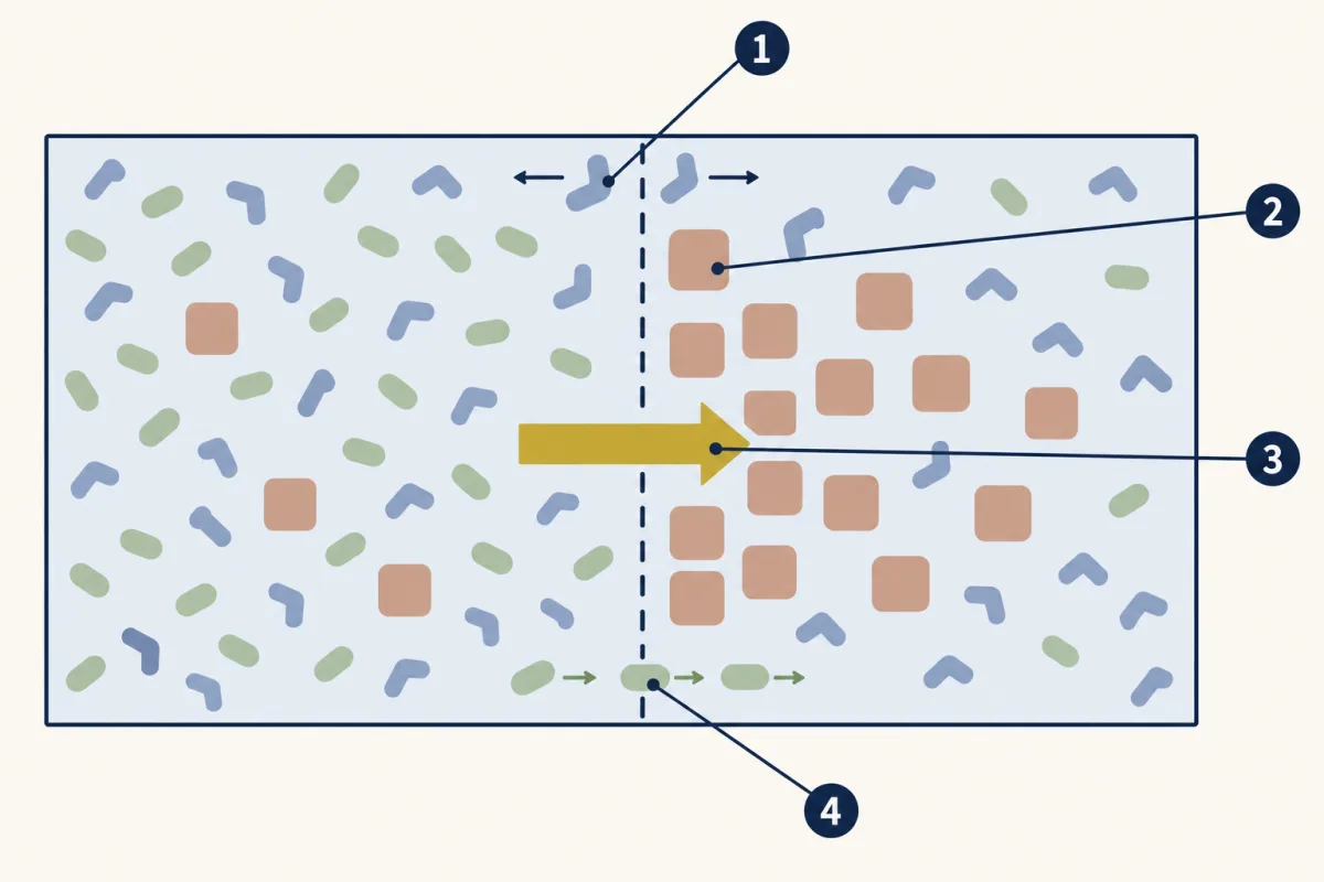 AI-generated illustration: a dashed membrane splits a box of liquid. Small blue particles cross the membrane both ways, many square particles crowd the right side and do not cross, a large arrow points toward the right side, and small green particles cross from the crowded left side to the right. Four numbered circles mark parts for the student to name.