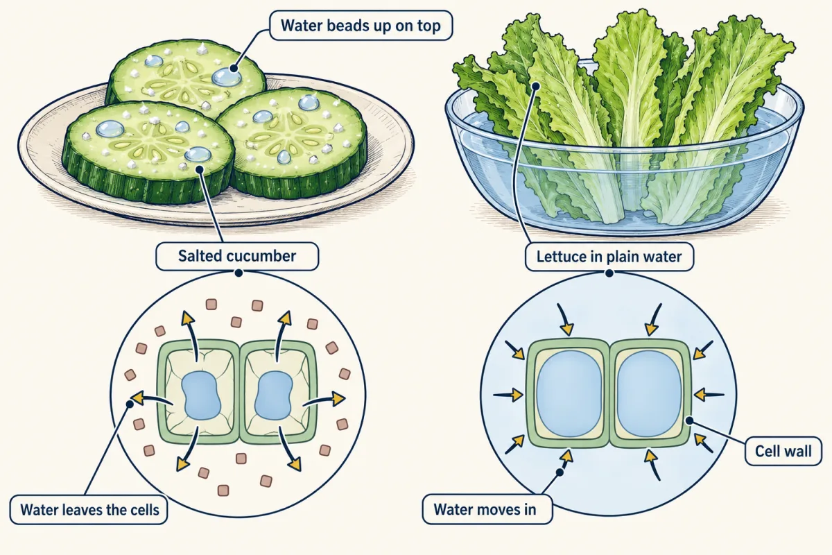 AI-generated illustration: salted cucumber slices with beads of water on top, and crisp lettuce standing in a bowl of water. Zooms show cucumber cells with shrunken vacuoles and water leaving toward the salt outside, and lettuce cells with full vacuoles and water moving in.