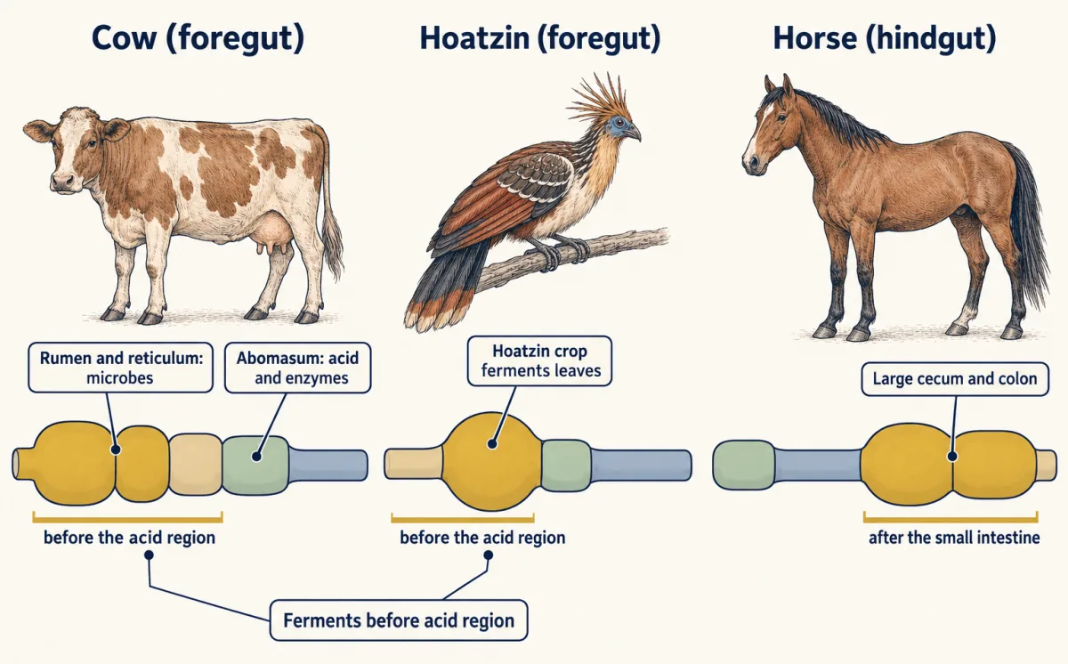 AI-generated illustration: three panels comparing guts. A cow and a hoatzin ferment in gold chambers before the acid-secreting stomach region; a horse ferments in a gold cecum and colon after the small intestine.