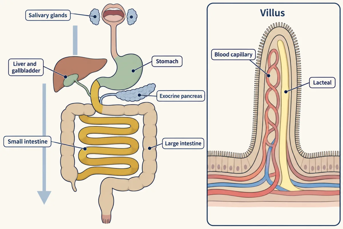 AI-generated illustration: a block diagram of the human digestive tube from mouth to anus with salivary glands, stomach, liver with gallbladder, pancreas, small and large intestine, and an inset of one villus with a blood capillary and a lacteal.