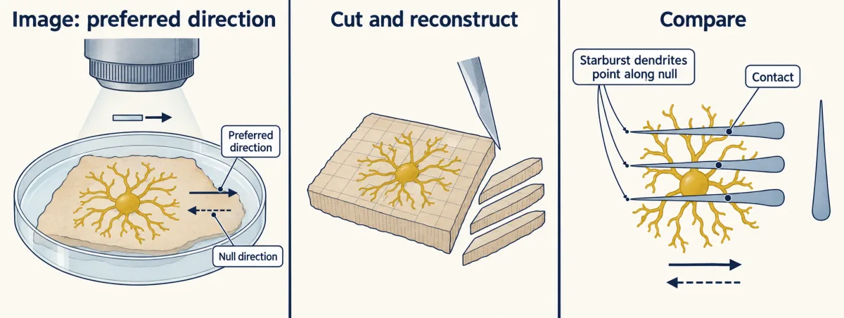 AI-generated illustration: a three-step strip. First, calcium imaging with moving bars finds the preferred direction of a gold direction-selective ganglion cell in mouse retina. Second, the same tissue is sliced and imaged for electron microscopy. Third, reconstructed slate starburst dendrites that contact the gold cell point along its null direction, opposite the preferred arrow.