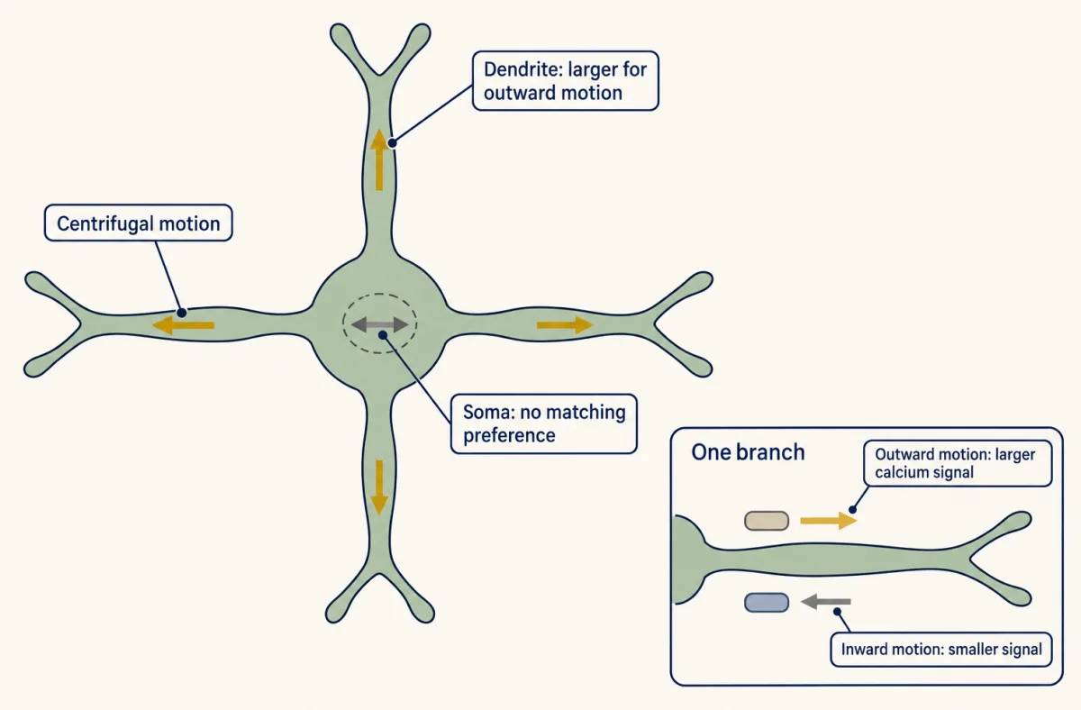 AI-generated illustration: a flat plan view of a starburst amacrine cell with a sage soma and four identical dendrites radiating like wheel spokes, each with a gold arrow pointing outward from the soma. The soma has only a faint grey double arrow marked as no matching preference. An inset compares outward and inward motion along one dendrite.