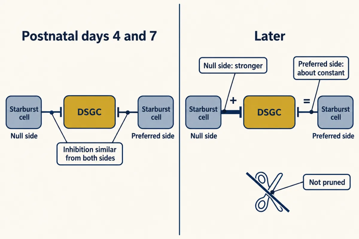 AI-generated illustration: two matching panels with a gold ganglion cell between two slate starburst cells. At postnatal days 4 and 7 the inhibitory connections from the null and preferred sides are the same. Later the null-side connection is thicker while the preferred-side connection is unchanged, and a crossed-out scissors icon marks that nothing was pruned.
