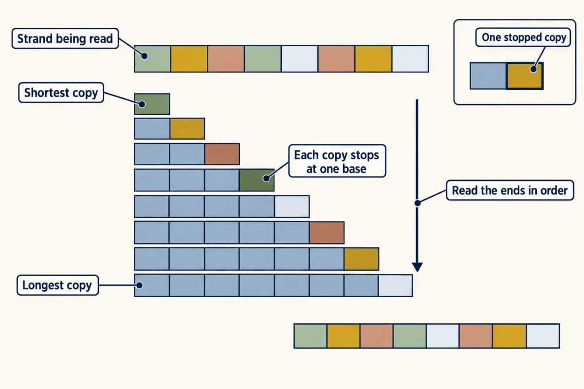 AI-generated illustration: a row of eight coloured blocks for the strand being read, and below it a staircase of eight copies from one to eight blocks long, each ending in a coloured stop block. Read from shortest to longest, the stop colours repeat the strand's order.