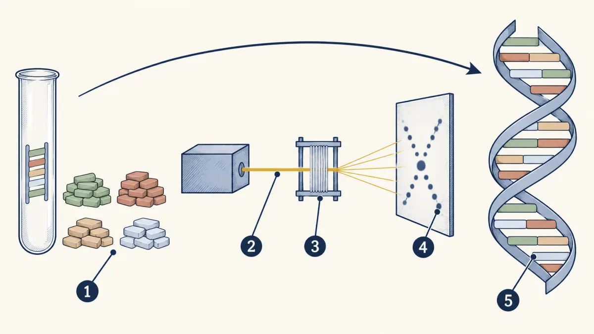 AI-generated illustration: three panels. Left, a tube of DNA beside four piles of base blocks in two matching pairs. Middle, an X-ray beam passing through a bundle of lined-up fibers onto a film sheet that shows a cross of spots. Right, the double helix model those clues were fitted into. Five numbered circles mark the parts.