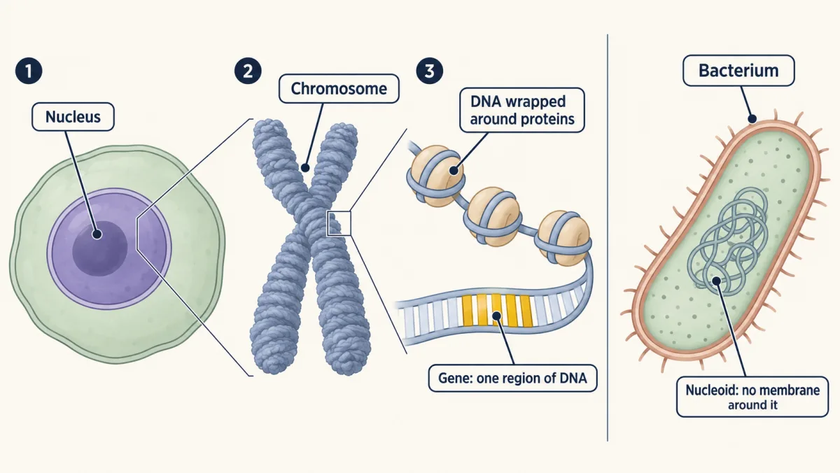 AI-generated illustration: a cell's nucleus, one chromosome drawn out of it as a thick rope, and a zoom showing the DNA wound around protein spools and unwound into a ladder with one gold stretch marking a gene. An inset shows a rod-shaped bacterium with its DNA loose in the middle and no membrane around it.