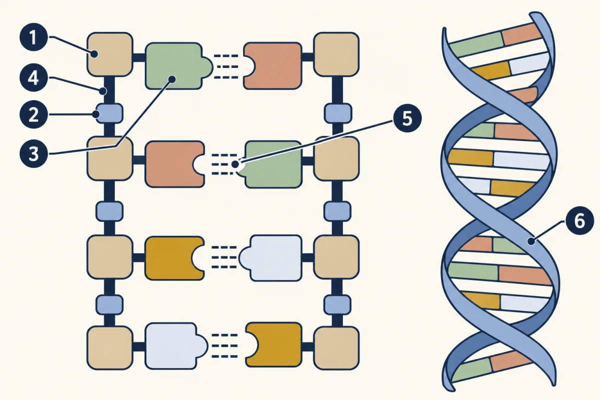 AI-generated illustration: a short DNA ladder whose side rails alternate rounded sugar blocks and small phosphate tabs joined by short bars, with coloured base blocks meeting in the middle of each rung across dashed lines; on the right the ladder twists into a double helix. Six numbered circles point to a sugar, a phosphate, a base, a bond along the backbone, the bonds across a rung, and the twisted helix.