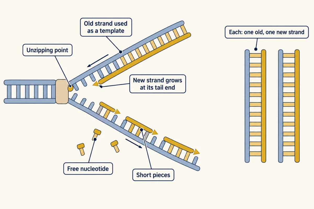 AI-generated illustration: a DNA ladder opening into a Y at an enzyme. On the upper arm one gold new strand grows smoothly toward the opening; on the lower arm three short gold pieces grow away from it, with free nucleotides nearby. An inset shows two finished molecules, each with one old grey strand and one new gold strand.
