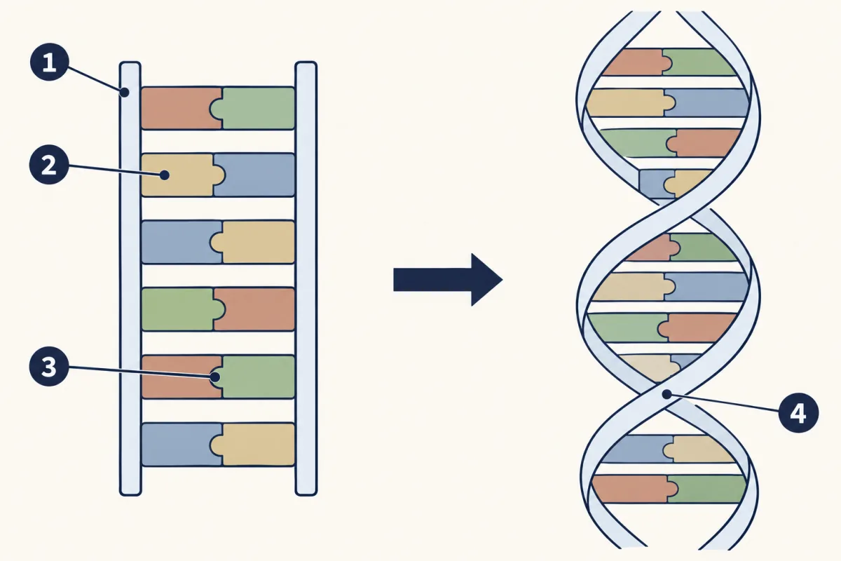 AI-generated illustration: on the left, a short piece of DNA drawn flat as a ladder with six rungs, each rung two coloured blocks meeting in the middle; an arrow points right to the same ladder twisted into a double helix. Four numbered pointers mark one side of the flat ladder, one single block of a rung, one whole rung, and the twisted helix.