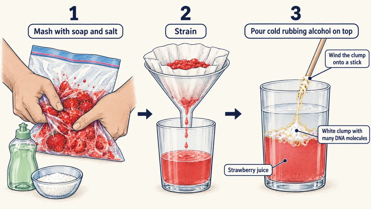 AI-generated illustration: three steps from left to right. Strawberries are mashed in a plastic bag with soap and salt, the mash is strained through a filter into a glass, and cold rubbing alcohol is poured on top, where a white stringy clump forms between the layers and is wound onto a wooden stick.