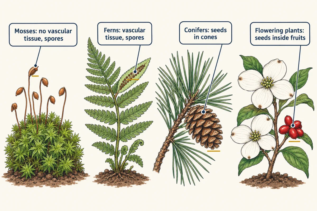 AI-generated illustration: four plants in a row, a moss cushion with spore capsules, a fern frond with spore dots underneath, a loblolly pine branch with a cone, and a flowering dogwood branch with white flowers and red fruits, each labelled with its division.