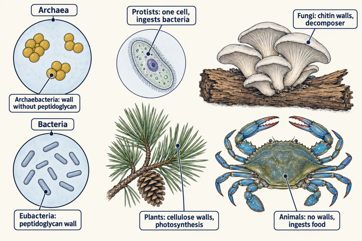 AI-generated illustration: two microscope views, one of clumped round archaea cells and one of rod-shaped bacteria, beside drawings of a paramecium, oyster mushrooms on a log, a loblolly pine branch with a cone and a blue crab, each labelled with its kingdom and the trait that places it.