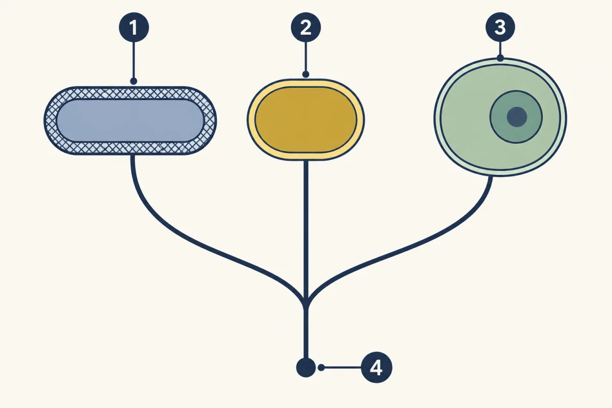AI-generated illustration: a tree with one root that splits into three equal branches. At the tips are a rod-shaped cell with a meshed wall, a rounded cell with a plain wall, and a larger cell with a nucleus. Four numbered circles point to the three tips and the root.