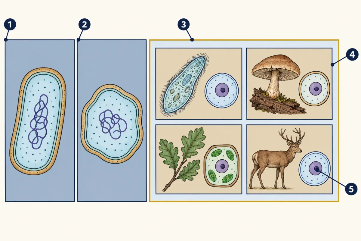 AI-generated illustration: three boxes in a row. The two smaller boxes on the left each hold a simple cell with no nucleus. The large box on the right holds four smaller boxes with a paramecium, a mushroom on a log, an oak sprig and a deer, each beside a small cell with a nucleus. Five numbered pointers mark the first box, the second box, the large box, the mushroom box and the nucleus of a cell.