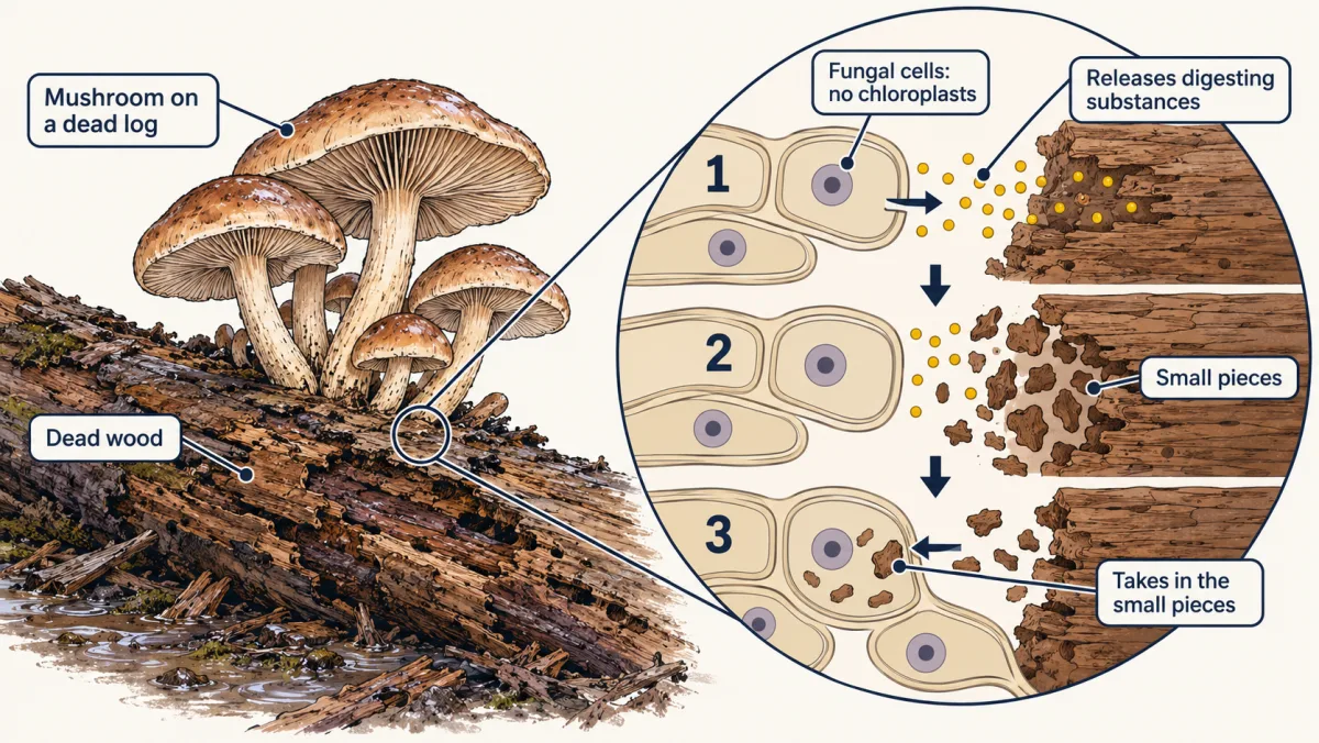 AI-generated illustration: mushrooms growing from a fallen, rotting log. An inset zooms in on a few fungal cells against the wood: in three steps the cells release digesting substances, the wood breaks into small pieces, and the cells take the pieces in.