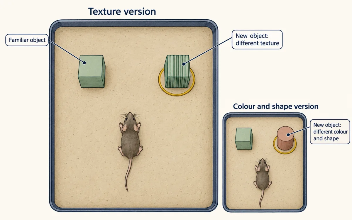 AI-generated illustration: a top-down mouse arena with two identical-shaped objects, one smooth and one ridged, and a smaller inset arena with a cube and a cylinder that differ in colour and shape. The new object in each is ringed in gold.