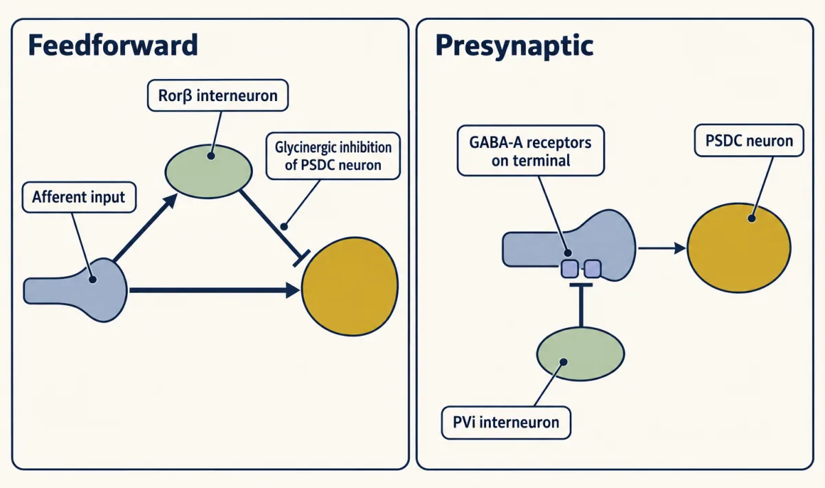 AI-generated illustration: two cell-level diagrams. Left, an afferent excites both a gold PSDC neuron and a Rorβ interneuron, which then inhibits the PSDC neuron. Right, a PVi interneuron inhibits the afferent terminal itself through GABA-A receptors, so the afferent's excitatory arrow to the PSDC neuron is thinner.