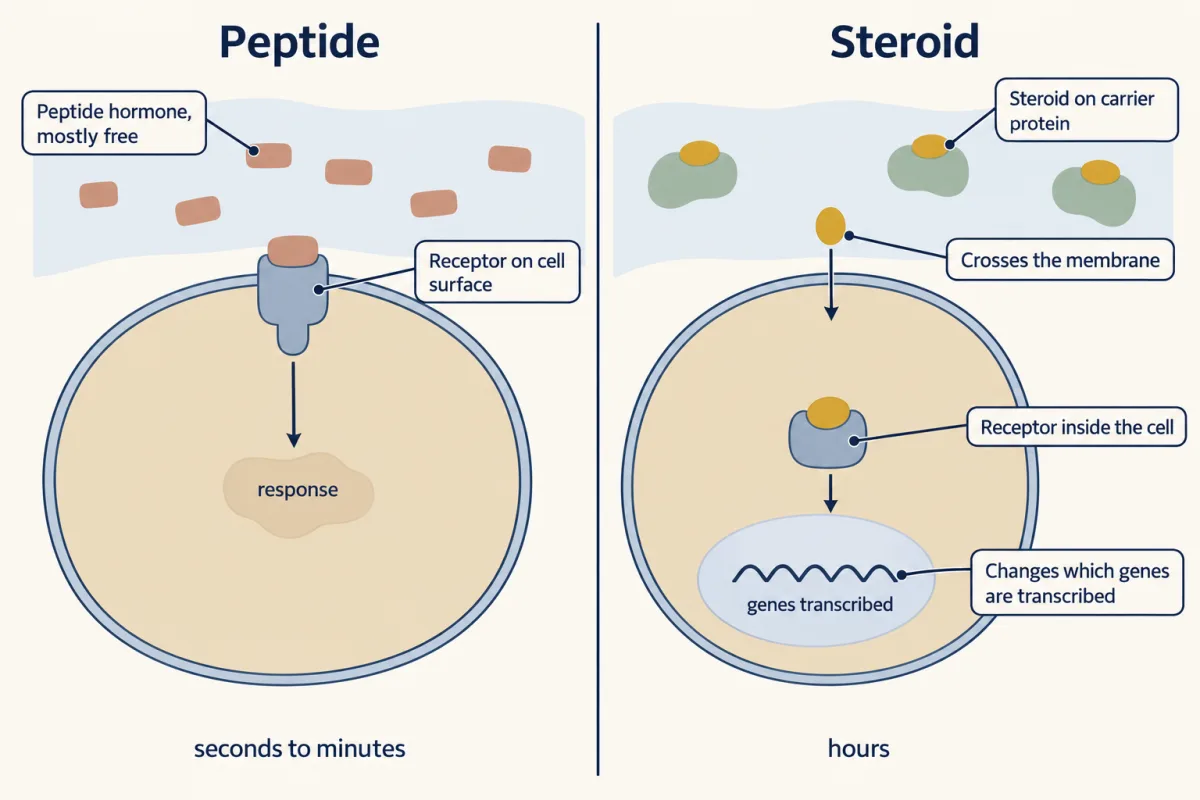 AI-generated illustration: Two target cells side by side. On the left, small peptide hormone blocks float free in plasma and bind a receptor on the cell surface. On the right, steroid hormones ride on carrier proteins, one free steroid crosses the membrane and binds a receptor inside the cell that acts on genes in the nucleus.