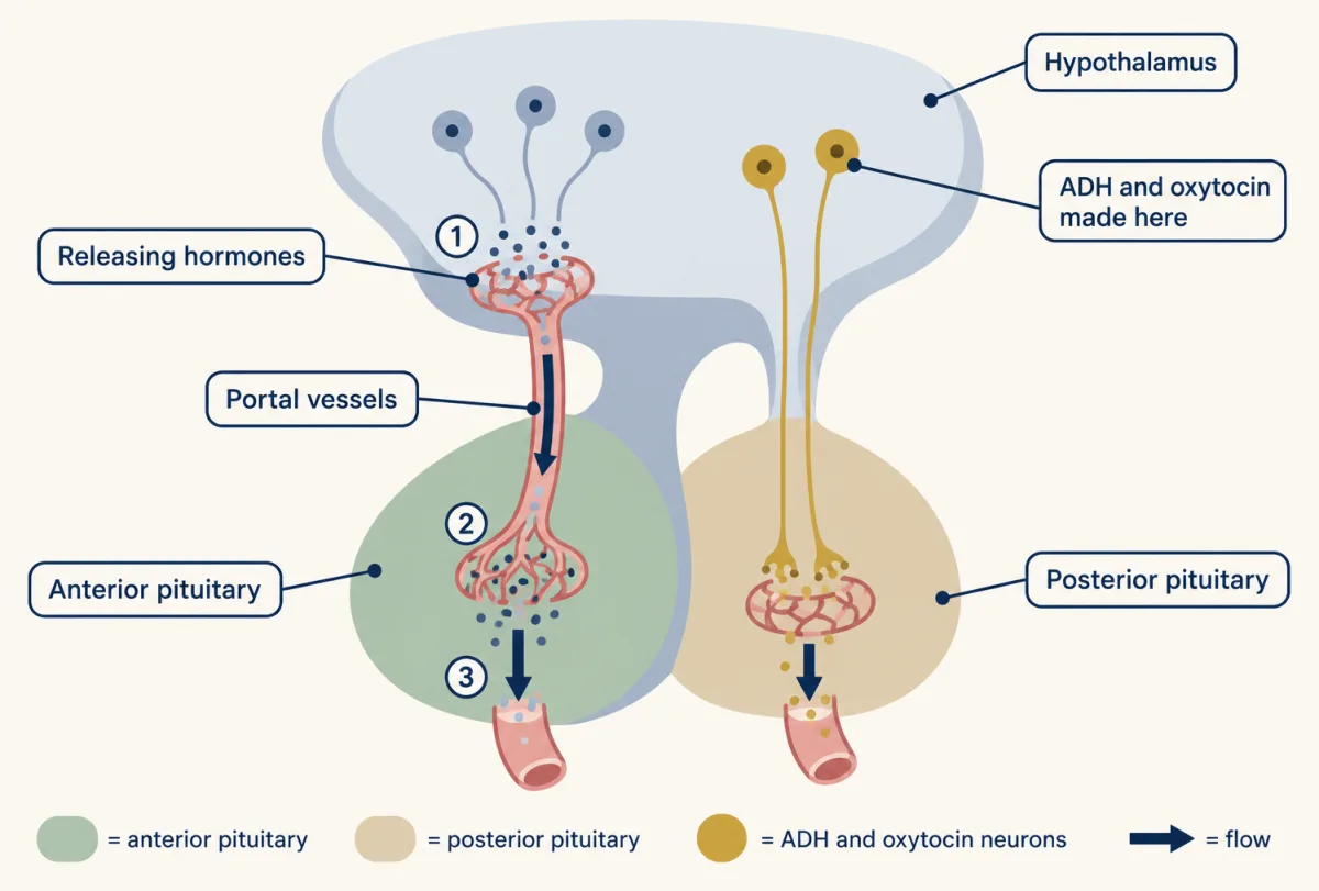 AI-generated illustration: A block diagram of the hypothalamus above the pituitary gland. On the left, releasing hormones enter a capillary tuft and a portal vessel carries them to a second tuft in the anterior pituitary. On the right, axons from hypothalamic cells run down into the posterior pituitary, which stores and releases ADH and oxytocin into the blood.