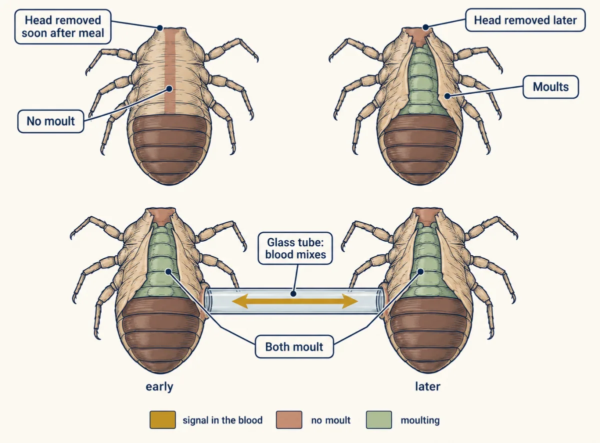 AI-generated illustration: Four headless blood-fed Rhodnius prolixus larvae. Above, one decapitated soon after the meal stays intact and one decapitated later splits its old skin to moult. Below, an early-decapitated and a later-decapitated larva are joined by a glass tube so their blood mixes, and both moult.
