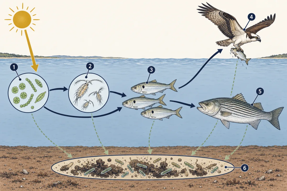 AI-generated illustration: a side view of Bay water. Sunlight shines on phytoplankton shown in a magnifier, arrows run to zooplankton and to small menhaden, and from menhaden to an osprey above the water and a striped bass below. Dashed arrows from every organism lead to bacteria on dead matter at the bottom. Six numbered circles mark the organisms.