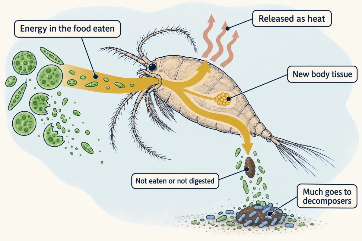 AI-generated illustration: a magnified zooplankton eating phytoplankton. A wide gold band of food energy enters it and splits three ways: wavy heat arrows rising into the water, a waste pellet and uneaten scraps sinking to bacteria, and a narrow branch that becomes new body tissue.