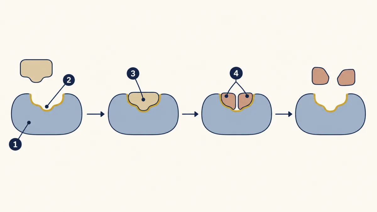 AI-generated illustration: four frames of the same large block with a notch; a smaller block approaches, sits in the notch, splits into two pieces, and the pieces leave. Four numbered circles mark parts to name.