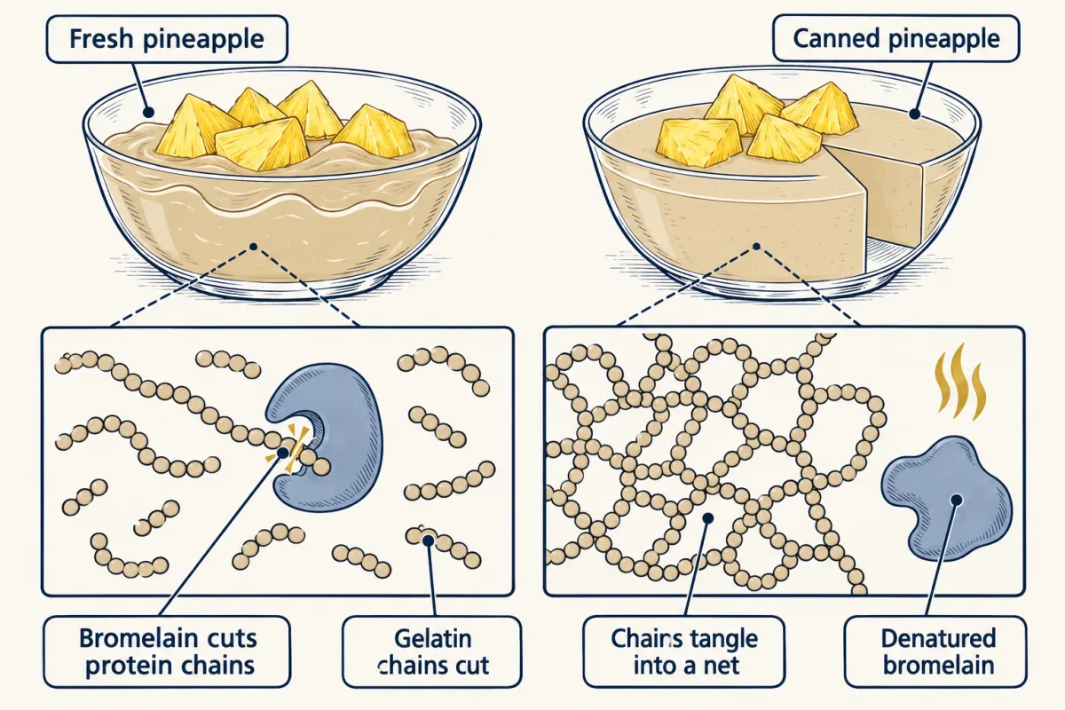 AI-generated illustration: two bowls of gelatin with pineapple, the fresh one runny and the canned one firm, with zoom insets of bead-string protein chains, cut in the fresh case and tangled in the canned case.