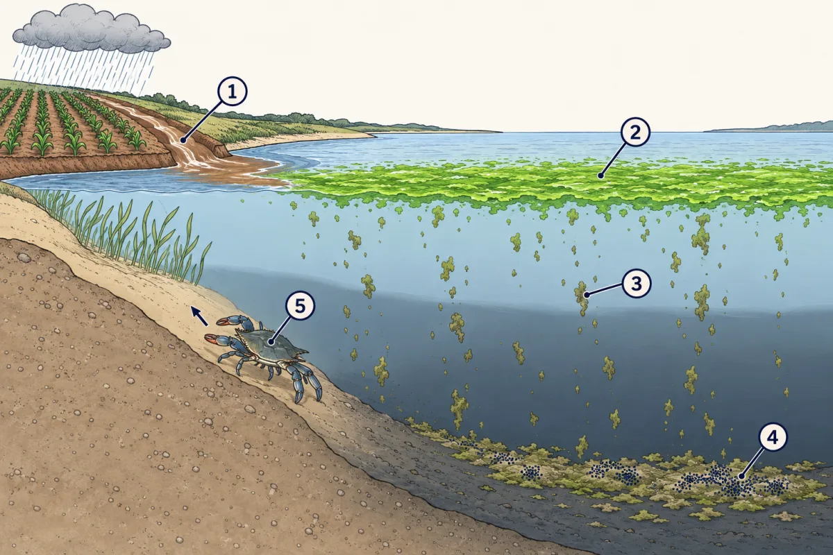 AI-generated illustration: a side view from a rainy farm field to the Bay. Brown water runs off the field into a river and the Bay. A thick green layer of algae covers the top of the water, dead algae drift down to the dark deep layer, tiny bacteria cover the dead algae on the bottom, and a crab walks up the slope away from the deep water. Five numbered circles mark parts for the student to name.