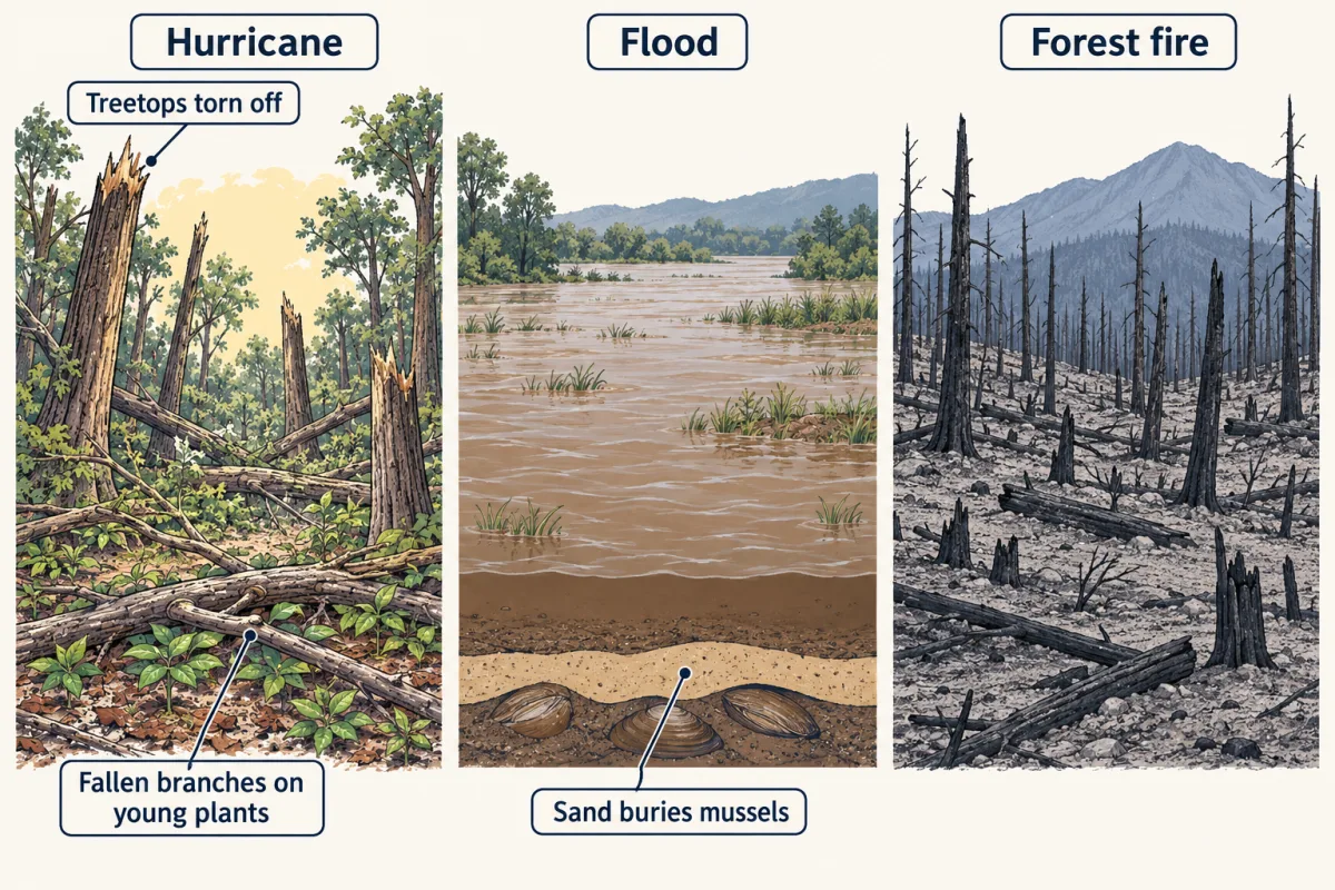 AI-generated illustration: three side-by-side scenes. A forest after a hurricane, with treetops torn off and branches lying on young plants while light reaches the floor. A flood, with a river covering land in water and mud and sand burying mussels on the riverbed. A burned mountain forest with blackened trunks.