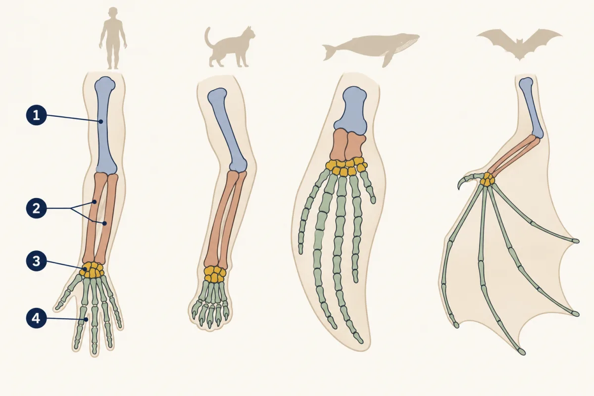 AI-generated illustration: the front-limb skeletons of a human arm, a cat's front leg, a whale's flipper and a bat's wing in a row. In each, the upper arm bone, the two lower arm bones, the wrist bones and the finger bones share the same colours, though their shapes and sizes differ. Four numbered pointers mark the bones of the human arm.