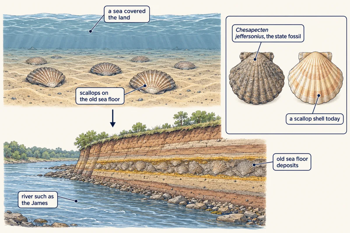 AI-generated illustration: above, a shallow sea with scallop shells on its sandy floor; below, the same place today, with a river flowing past a low bank whose layers include a band of fossil scallop shells. An inset compares a stony fossil scallop shell with a modern scallop shell that looks a lot like it.