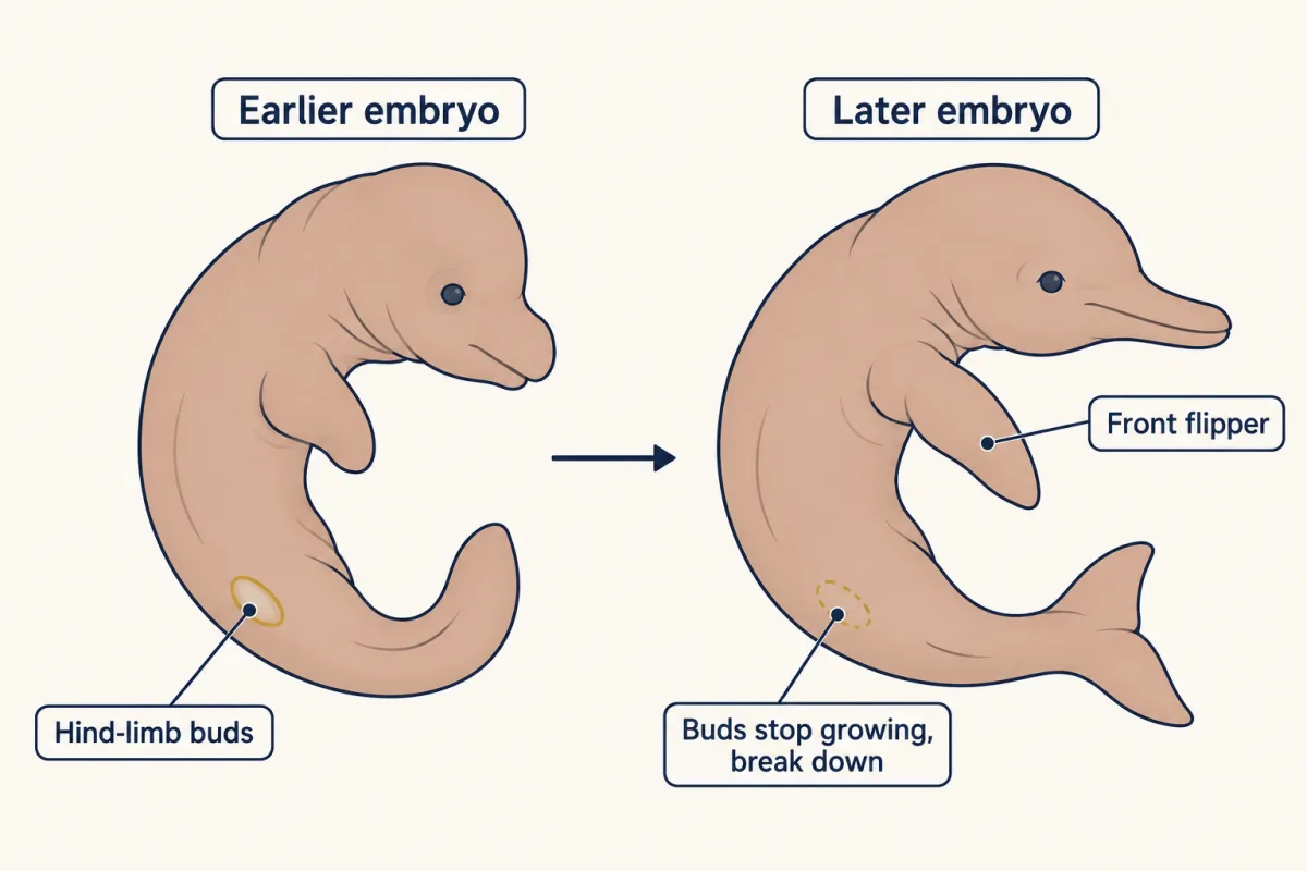 AI-generated illustration: two simple outlines of a dolphin embryo. The earlier one has a small hind-limb bud near its rear; in the later one the bud is gone and only a dashed outline marks where it was.