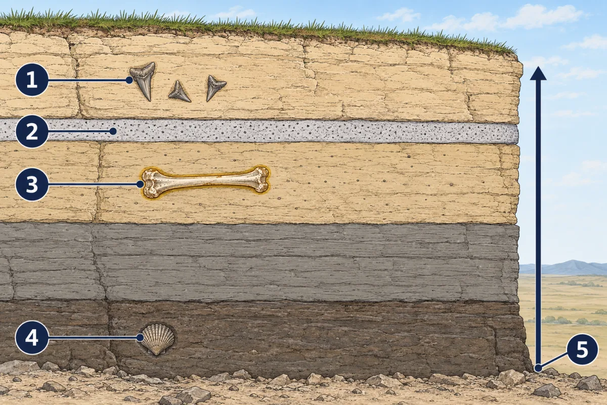 AI-generated illustration: a cliff face cut through flat rock layers. A small fossil shell sits in the bottom layer, a single fossil bone in the middle layer, a thin grey ash band lies just above it, and shark teeth sit in the top layer. An arrow beside the cliff points upward. Five numbered circles point to these parts.