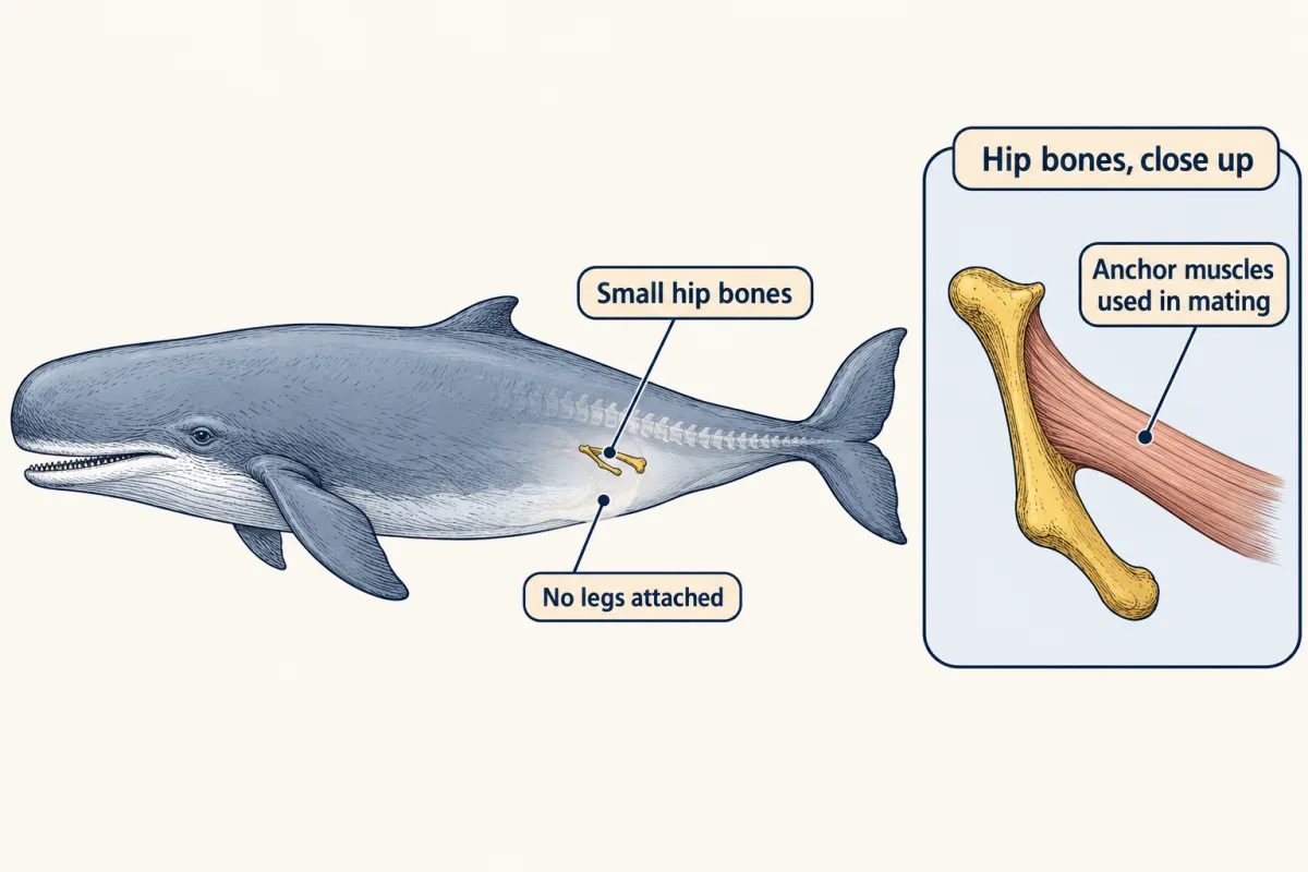 AI-generated illustration: a living whale in side view with a small pair of hip bones shown deep inside its lower body and no legs attached. An inset zooms in on one hip bone with a muscle band attached.
