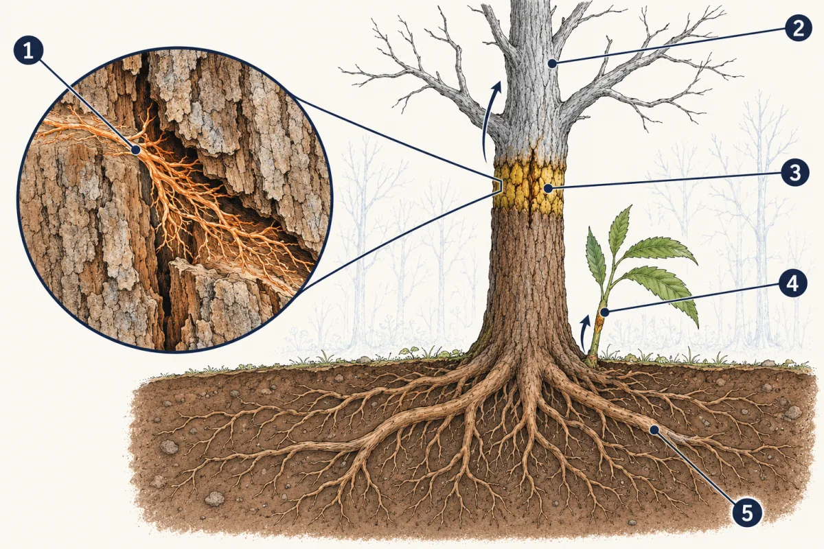 AI-generated illustration: a chestnut trunk with a cracked band of diseased bark partway up. Above the band the trunk and branches are bare and dead; below ground, living roots spread in the soil, and a young leafy sprout rises from the base. A zoomed circle shows fine fungus threads growing into a crack in the bark. Five numbered circles mark parts for the student to name.
