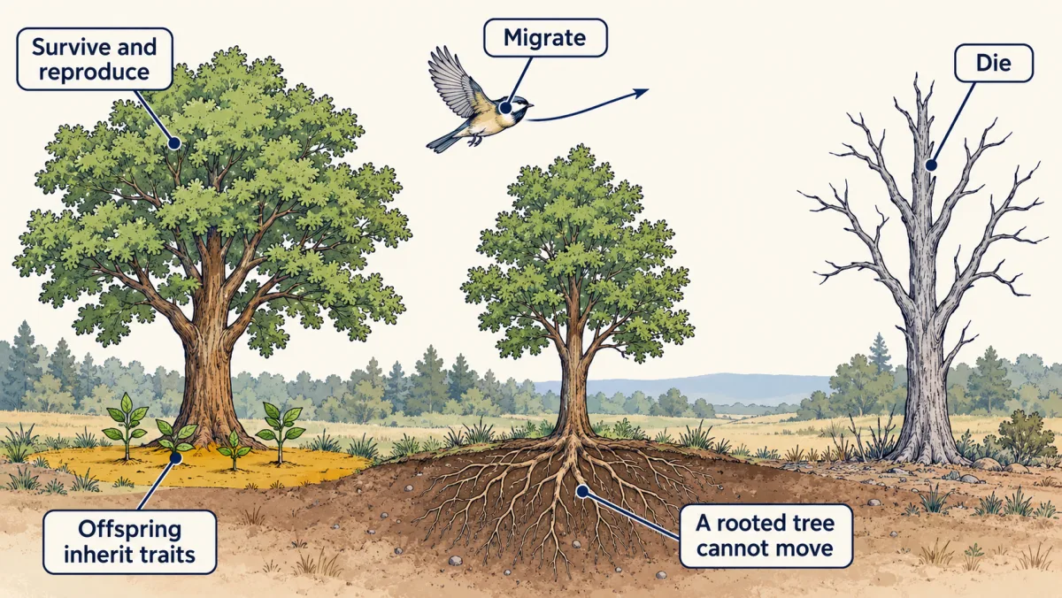 AI-generated illustration: a forest edge after a change. On the left a healthy tree stands with seedlings at its base. In the centre a small bird flies away while a rooted tree stays put. On the right stands a dead, leafless tree.