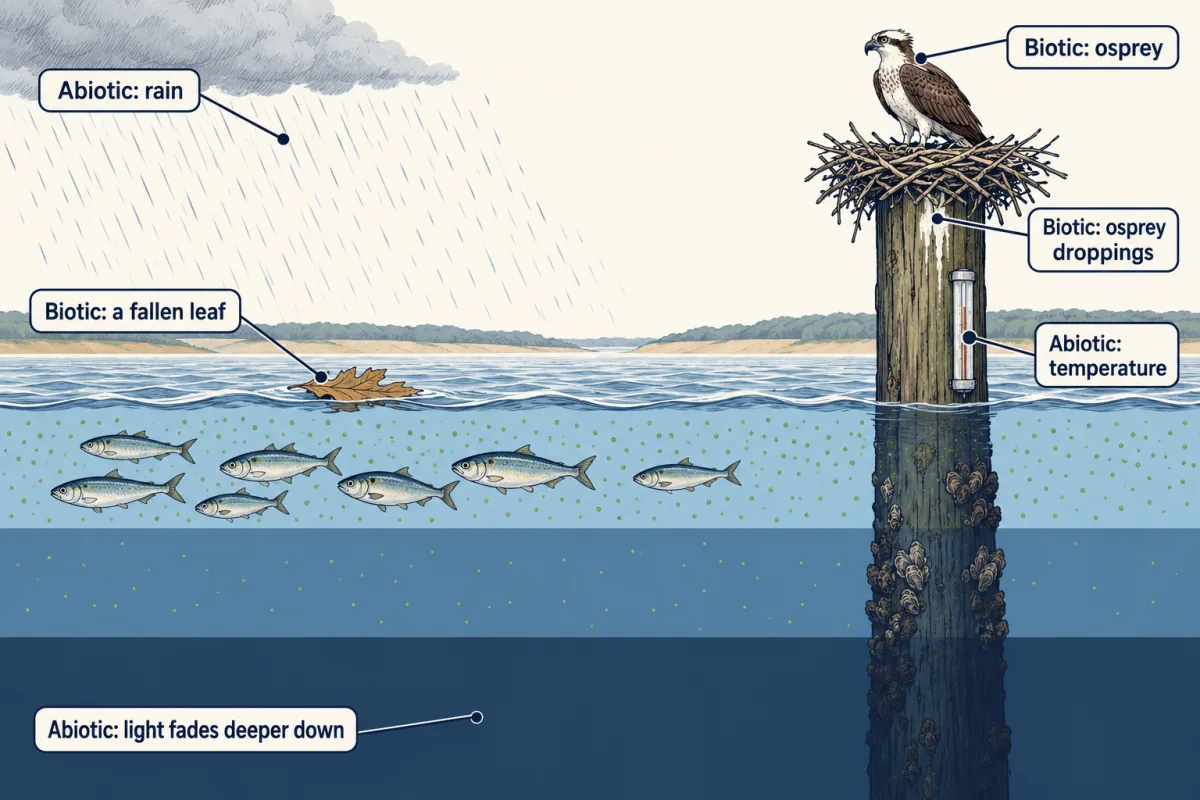 AI-generated illustration: a Bay scene with an osprey on a nest atop a channel marker, droppings on the post, a thermometer, rain falling and a leaf floating. Below the surface the water gets darker in steps, with many tiny plankton near the top and almost none deep down. Callouts sort the parts into biotic and abiotic.