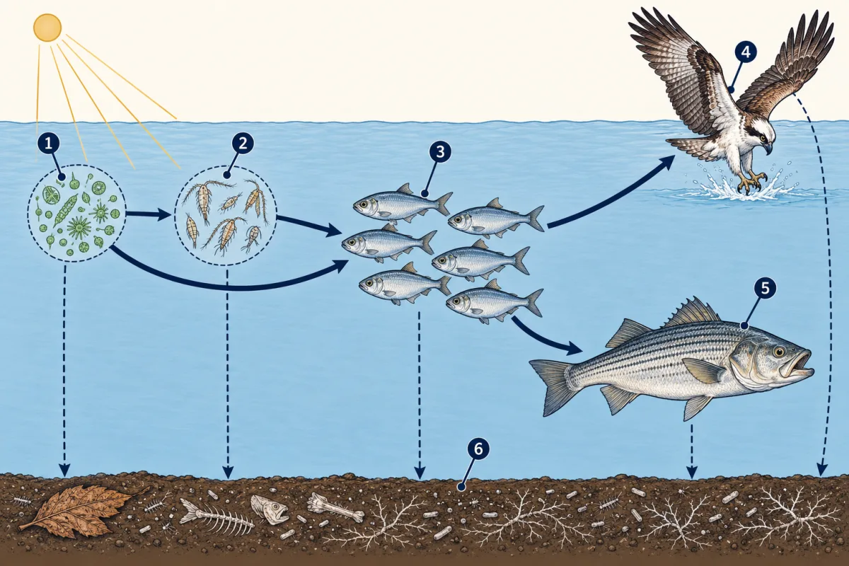 AI-generated illustration: a side view of Bay water with sunlight entering at the top left. Arrows lead from tiny green drifting algae to tiny drifting animals, from both to a school of small fish, and from the small fish to a diving osprey and to a larger fish. Dashed arrows lead from every living thing down to tiny decomposers on the bottom. Six numbered circles mark living things for the student to name.