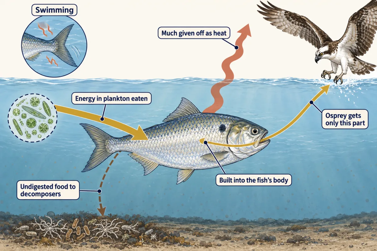 AI-generated illustration: a menhaden takes in energy from plankton. A wide wavy arrow shows much of that energy leaving the fish as heat into the water and air, a thin dashed arrow carries undigested food down to decomposers, and a narrow arrow carries the energy built into the fish's body to an osprey.