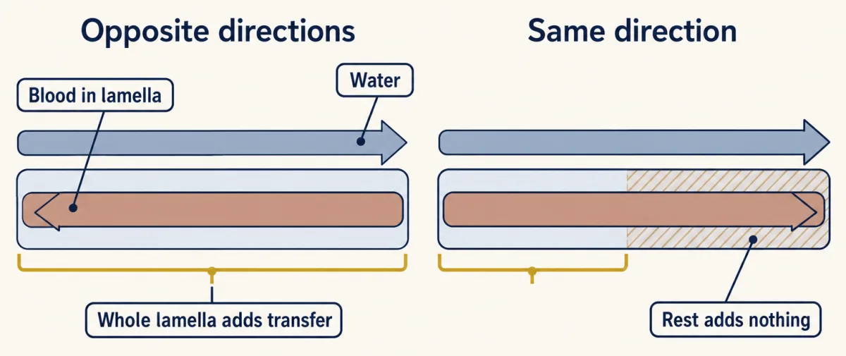 AI-generated illustration: two flat schematics of a gill lamella. On the left, water flows right while blood flows left inside the lamella and a bracket covers its whole length. On the right, water and blood both flow right and only part of the lamella is marked as still adding transfer.