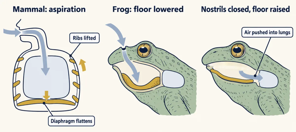 AI-generated illustration: a block-schematic mammal chest with a flattened diaphragm and lifted ribs drawing air into the lung, beside two side views of a frog, one with the mouth floor lowered and nostrils open, one with nostrils closed and the floor raised pushing air into the lung.