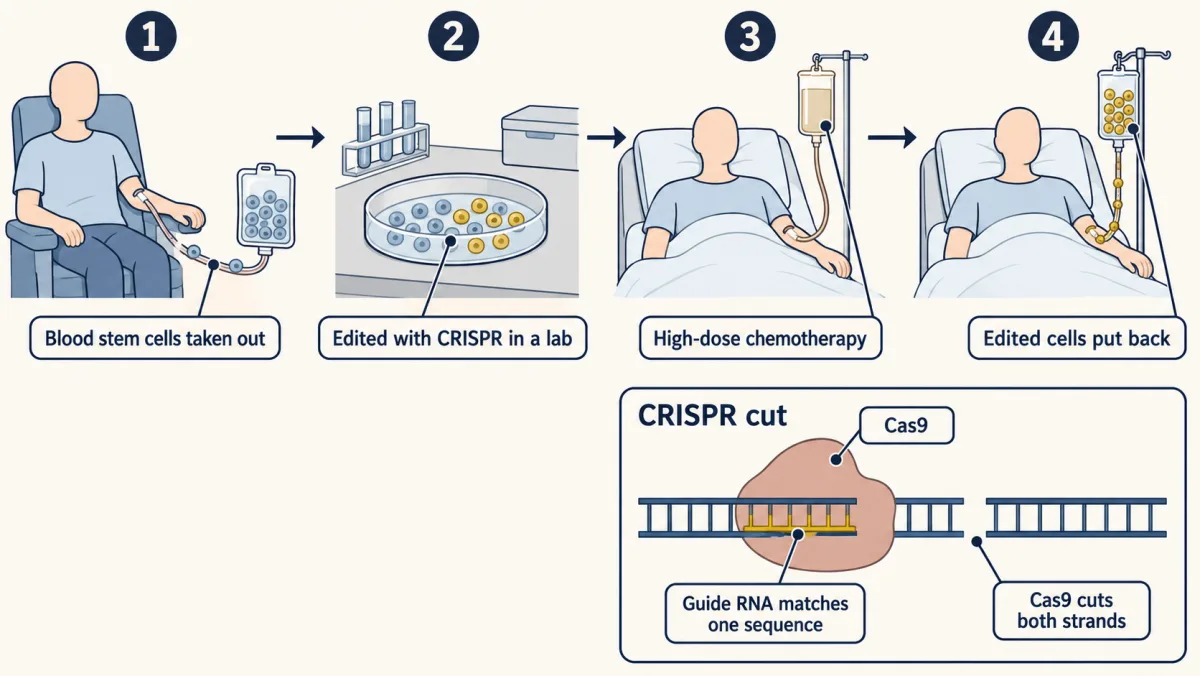 AI-generated illustration: four steps from left to right. A patient's blood stem cells are taken out into a bag, edited in a dish in a lab, the patient gets chemotherapy from a drip, and the edited cells are put back. An inset shows a protein block holding a short guide strand along a DNA ladder, with a cut across both sides of the ladder.