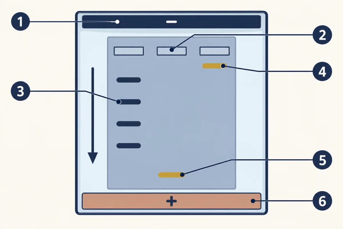 AI-generated illustration: a gel slab in a box seen from above, with a dark electrode at the top and a light electrode at the bottom, three wells along the top, a lane of four ladder bands, one band close to its well and one band near the far end. Six numbered circles point to the parts.