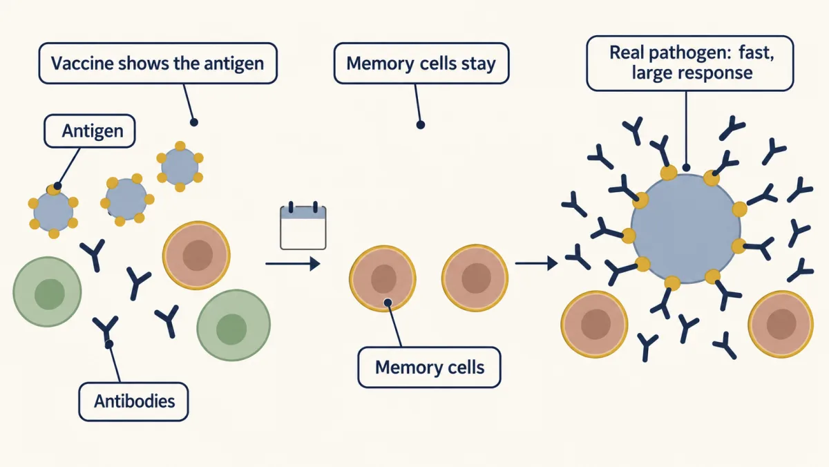AI-generated illustration: three frames showing vaccine pieces with antigen bumps meeting immune cells that make a few antibodies and leave a memory cell, then later only memory cells remaining, then a real pathogen with the same antigen met by memory cells and many antibodies.