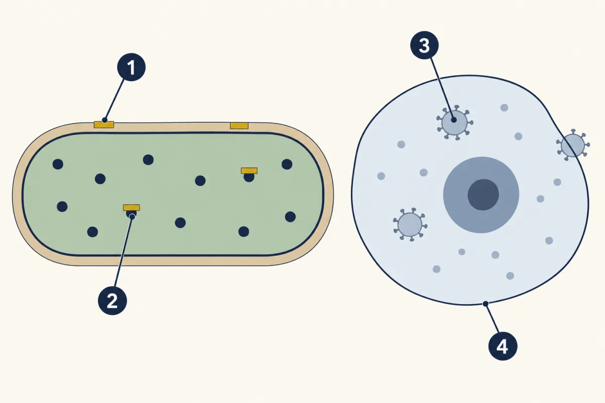 AI-generated illustration: on the left a rod-shaped bacterium with an outer wall and ribosomes, with gold block marks showing an antibiotic hitting the wall and the ribosomes; on the right one of your own cells, with only a thin membrane, its own ribosomes and tiny virus particles inside, and no gold marks. Four numbered circles mark parts for the student to name.