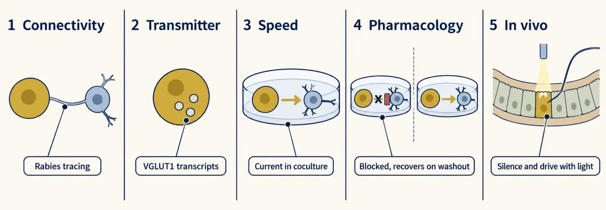 AI-generated illustration: a five-step strip. Step 1, rabies tracing links a gold enteroendocrine cell to nerves; step 2, VGLUT1 transcripts in the cell; step 3, a fast current in a coculture of cell and neuron; step 4, an antagonist blocks the current and it recovers on washout; step 5, light silencing or activation of the cells in a living mouse changes vagal firing.