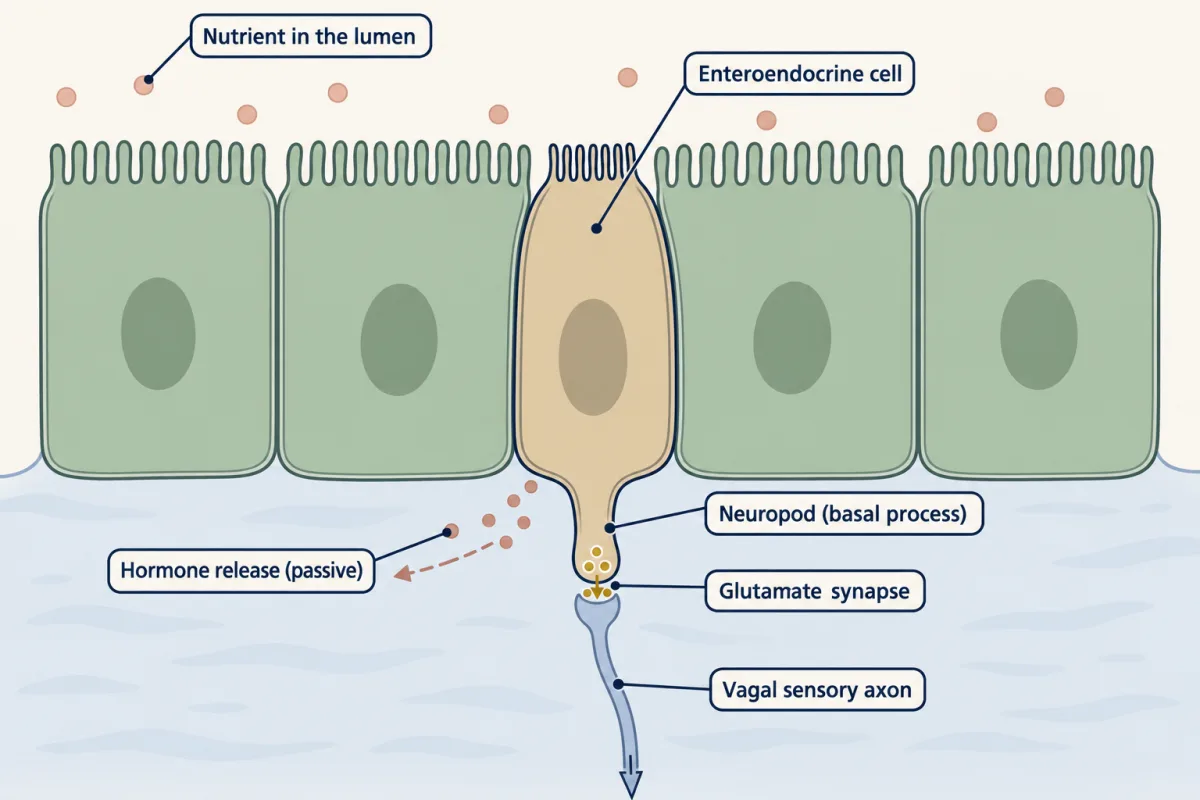 AI-generated illustration: a cross-section of the intestinal lining with five epithelial cells under the lumen. The middle enteroendocrine cell has a basal process, the neuropod, whose tip makes a gold glutamate synapse onto a vagal sensory axon, while a separate dashed route shows hormone released into the surrounding tissue.